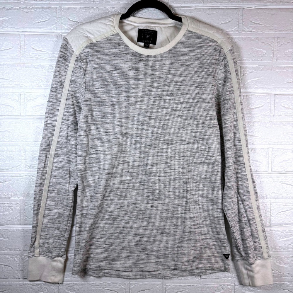 Guess Thermal Shirt Mens Size M Gray White Quilted Shoulder Long Sleeve T-Shirt